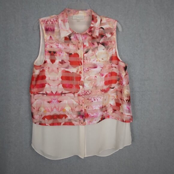 Katherine Kelly | Sheer Floral Blouse Top Red Pink Ivory | Size L - Picture 2 of 10